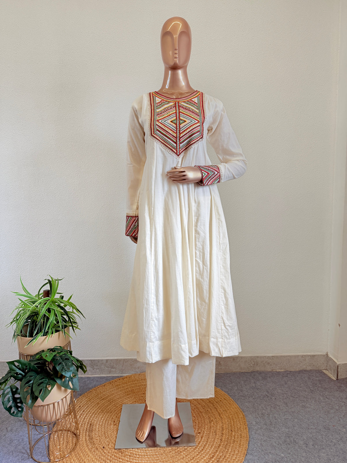 Tribal Embroidered Yoke Anarkali Suit Set with Red Bandhani Dupatta