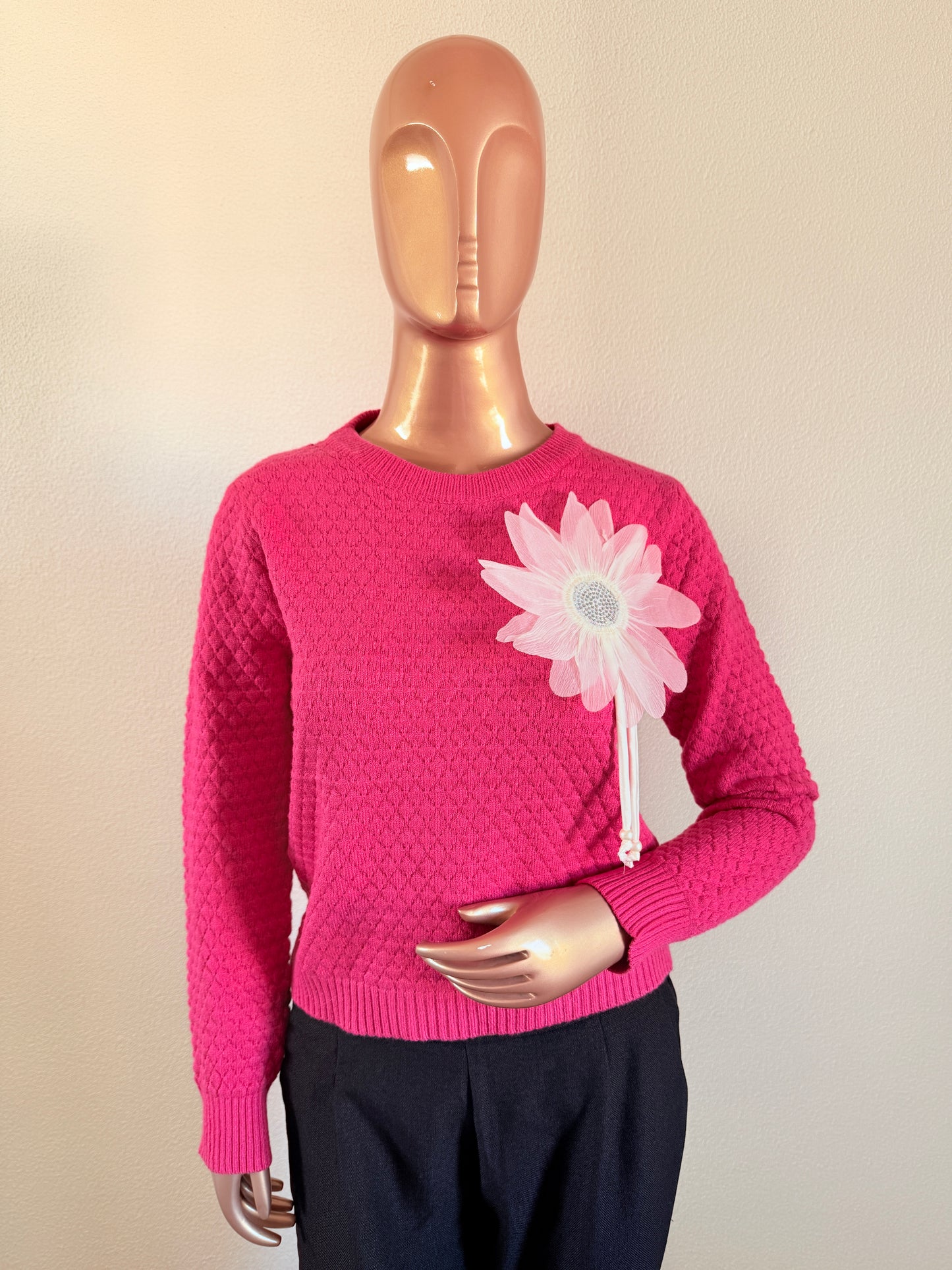 Woollen Top with Floral Patch- Hot Pink