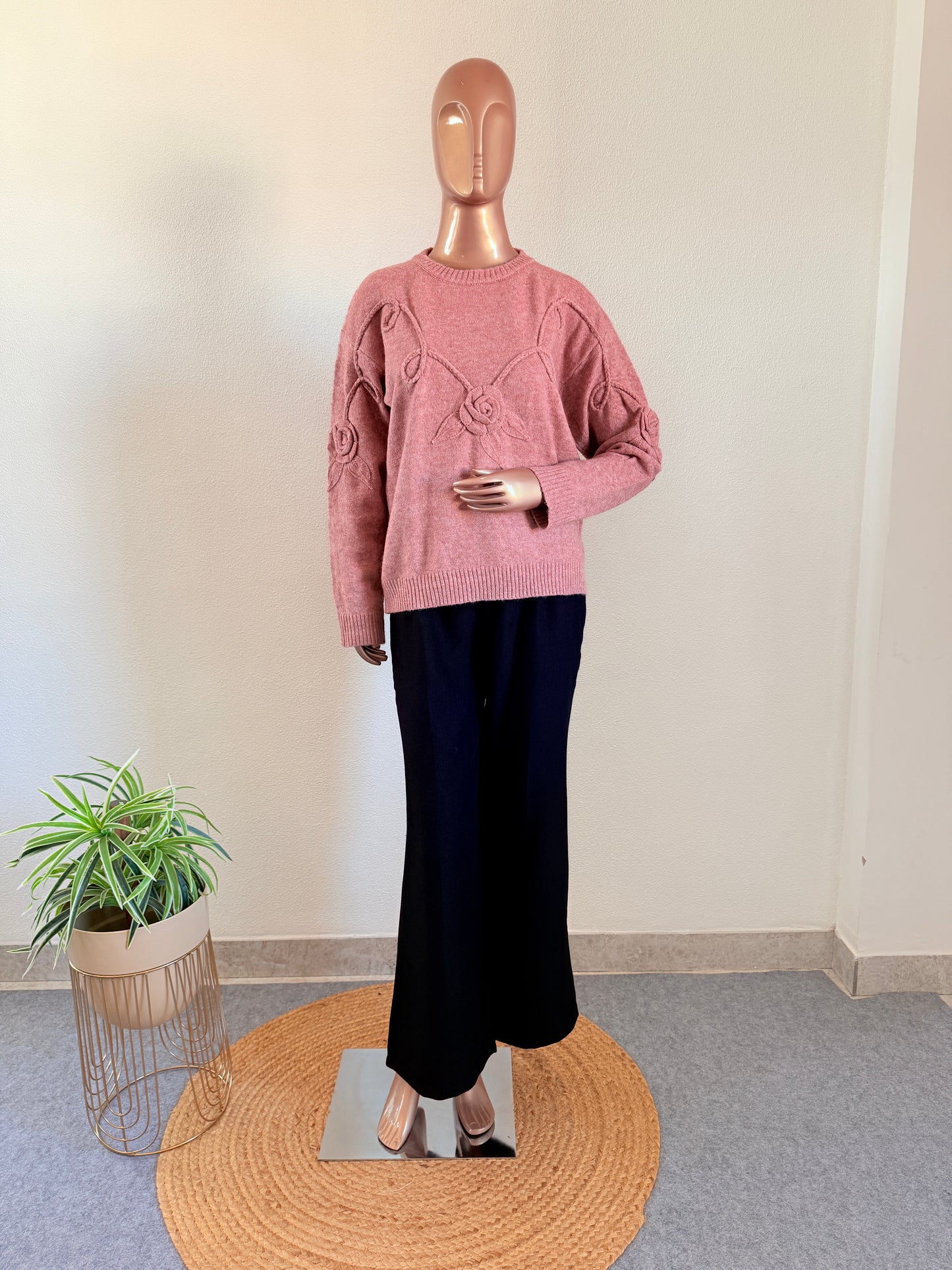 Woollen Top with Rose Detail - Pink