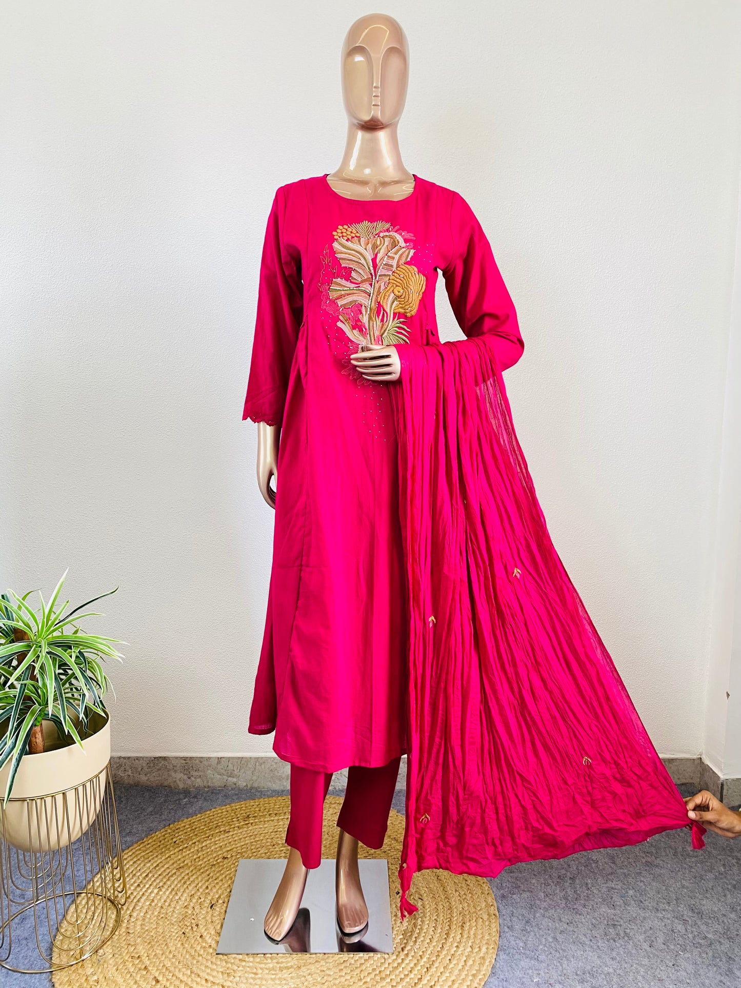 Embroidered Silly Cotton A-line Suit Set - Hot Pink