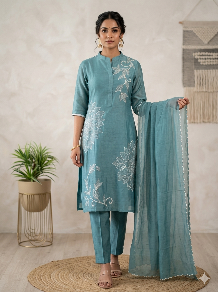 Mul Chanderi Suit with Aari & Pearl Work