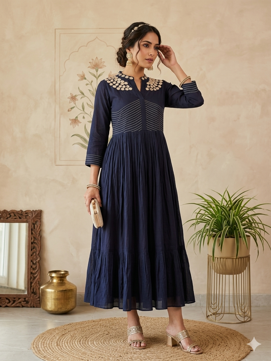 Mirror Work Cotton Tunic with Lining- Black