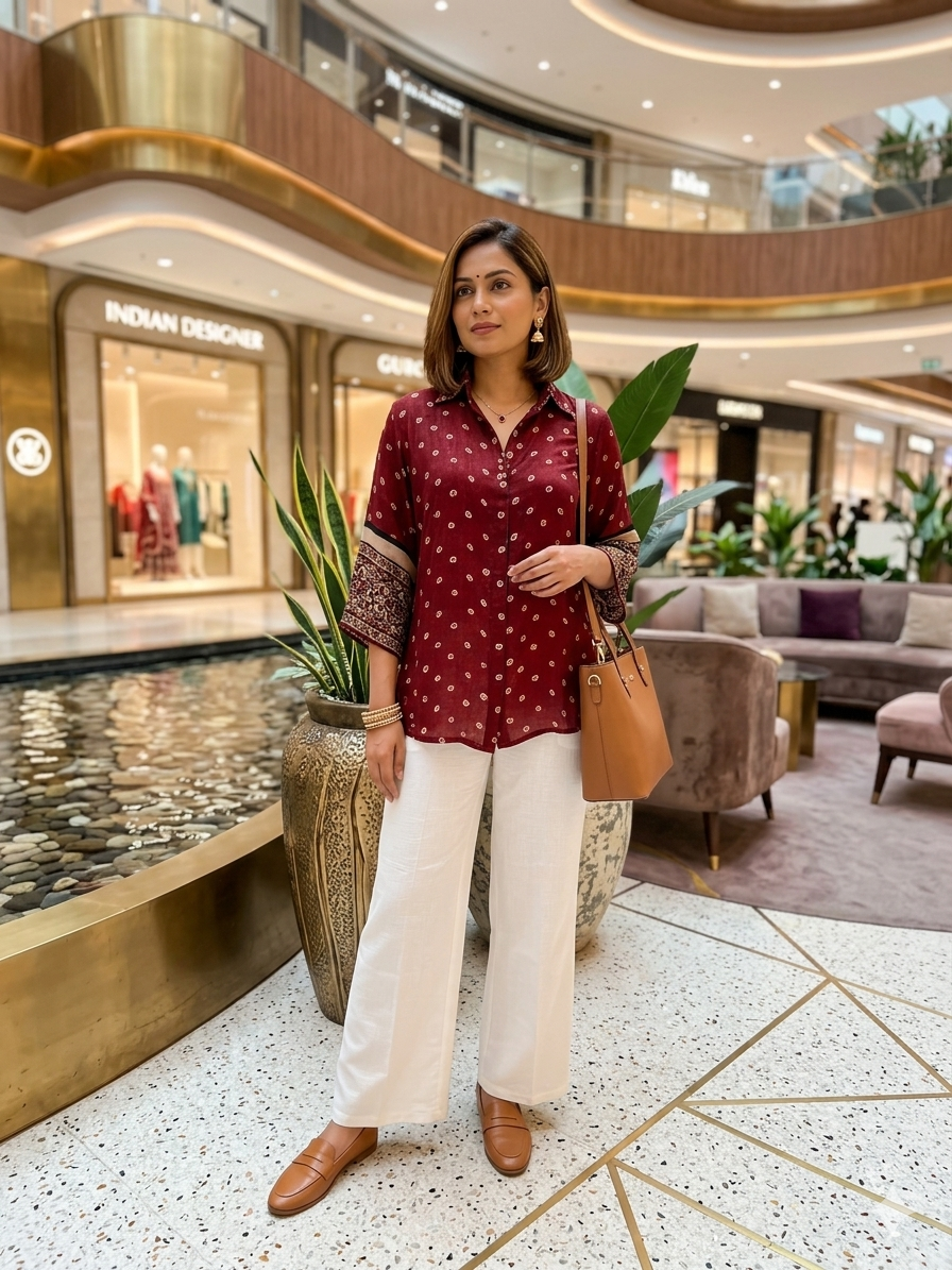 Muslin Bandhani Shirt  - Red