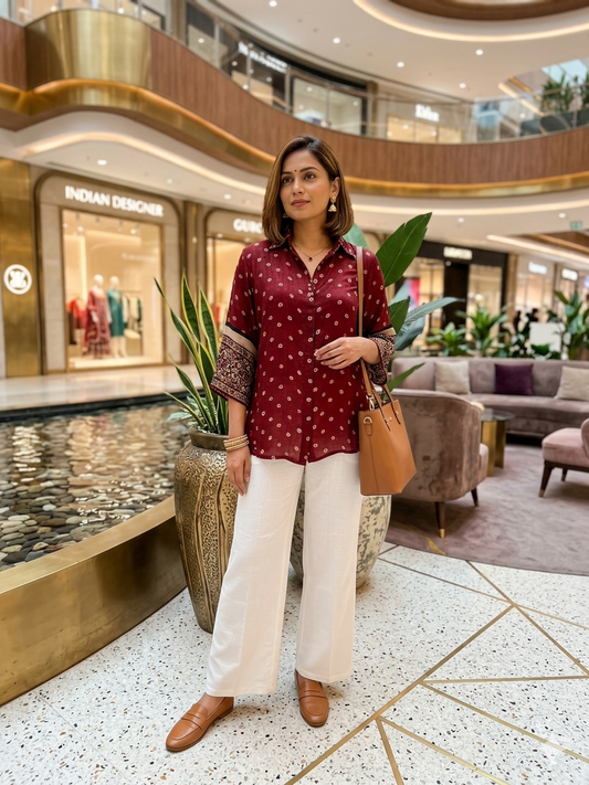 Muslin Bandhani Shirt  - Red