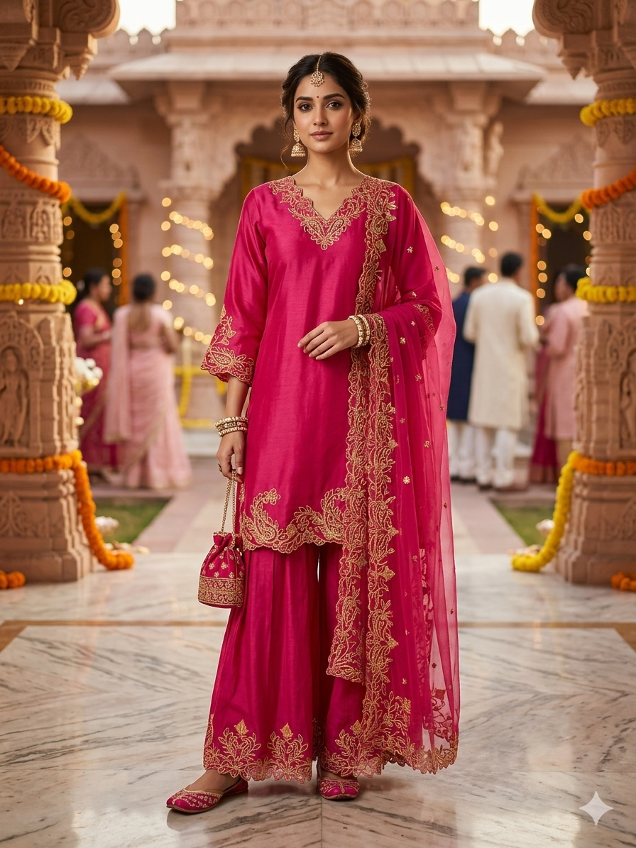 Dola Silk Aari work Suit set with Wide pants