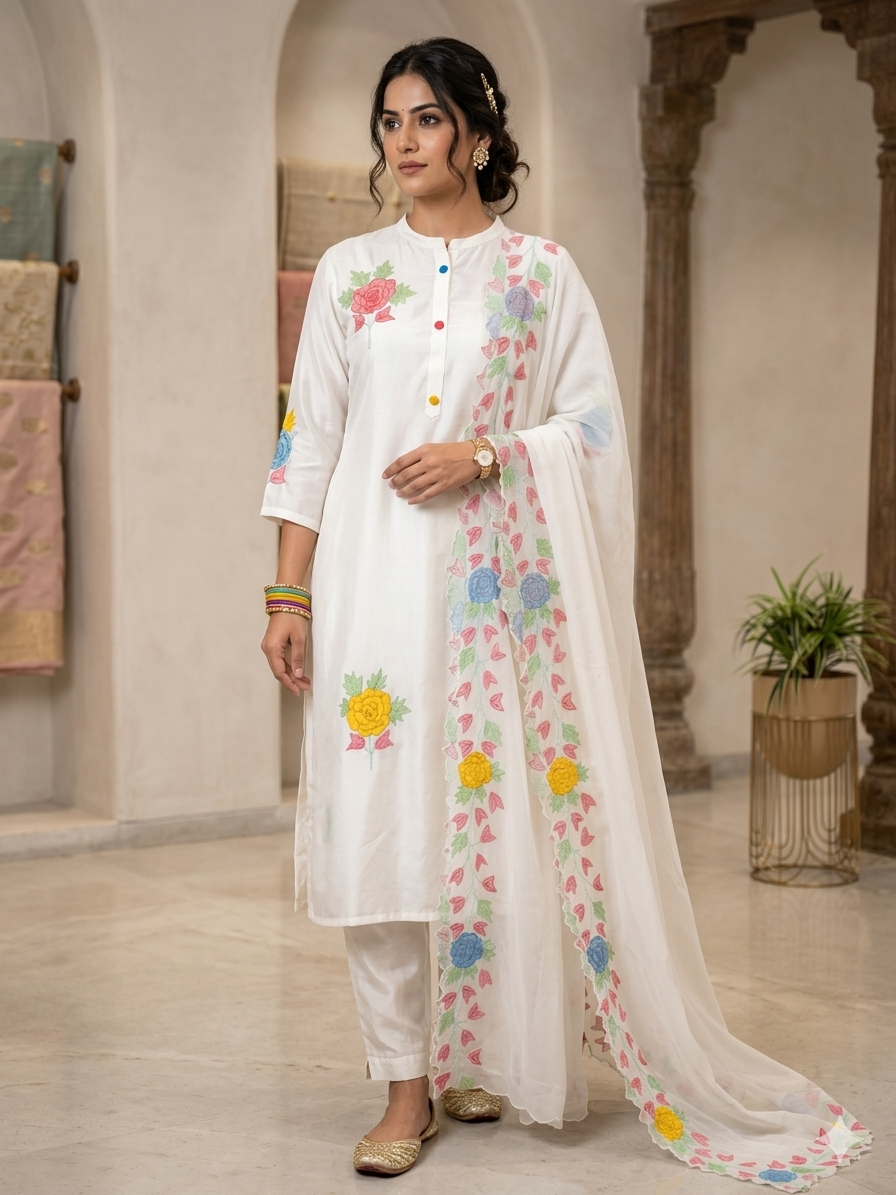 Pure Muslin Appliqué Work Suit Set with Soft Organza Dupatta