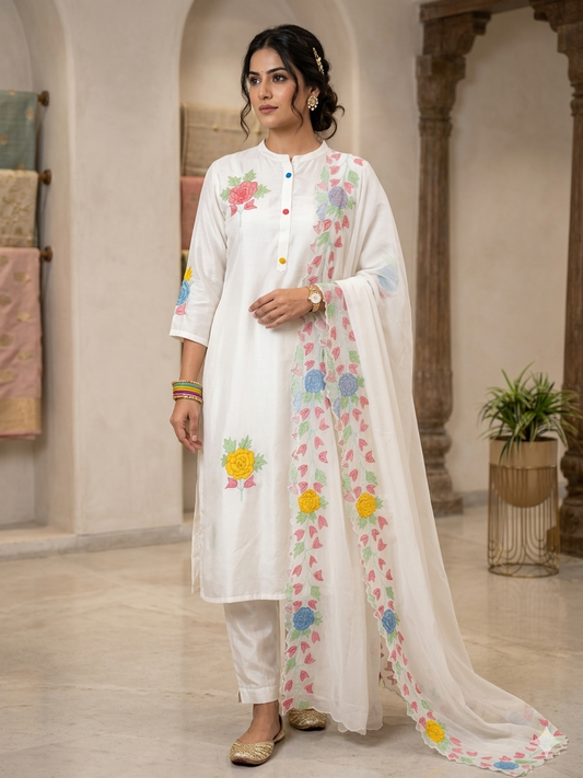 Pure Muslin Appliqué Work Suit Set with Soft Organza Dupatta