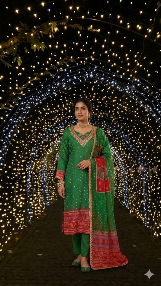 Bandhani Print Dola Silk Suit with organza dupatta