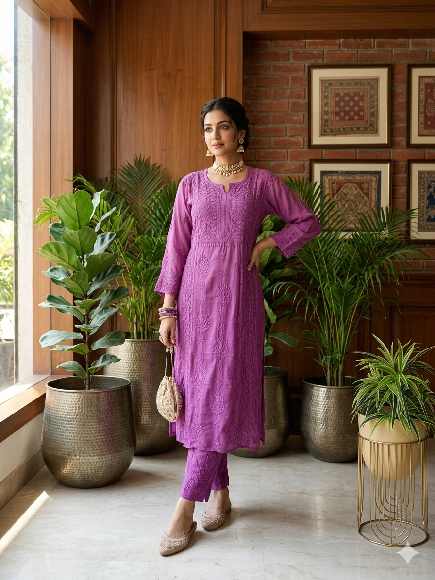 Muslin Ombre Chikankari Kurta Pant Set- Lavender