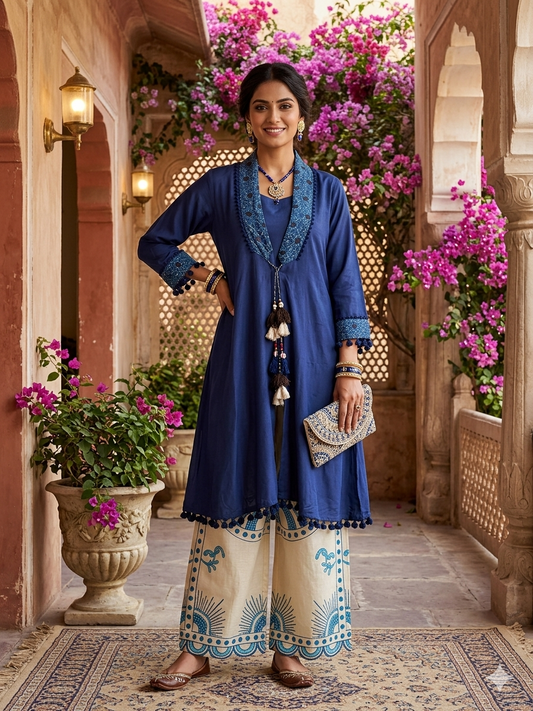 Muslin Long jacket Top with Printed Flex Wide Pants