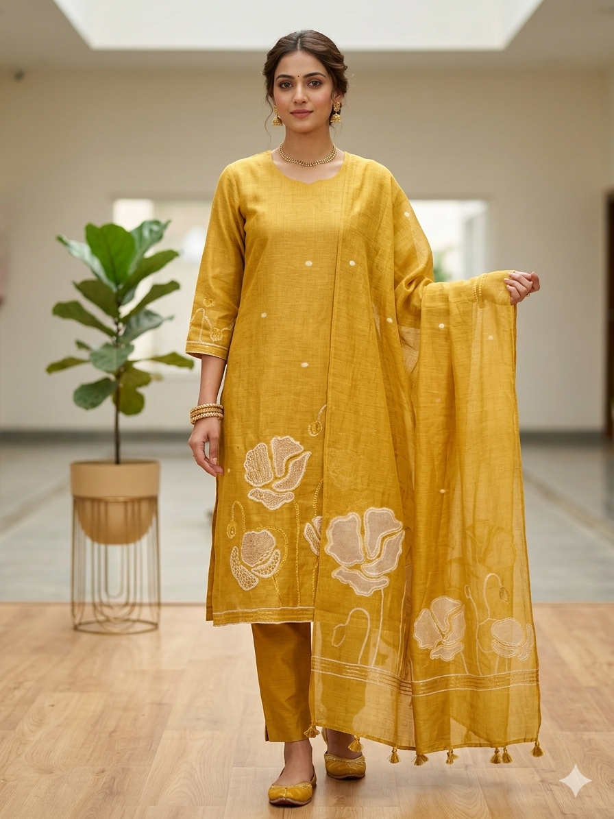 Chanderi Self Woven Suit Set with Kantha Work