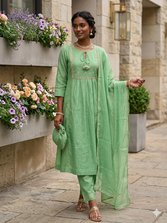 Kota Doria Suit Set with Zari Work on Yoke