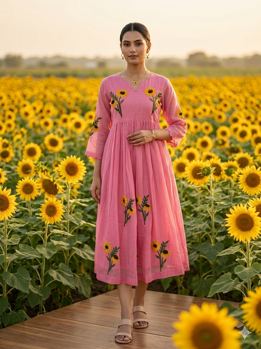 Kota Doria Tunic with Sunflower Applique Work
