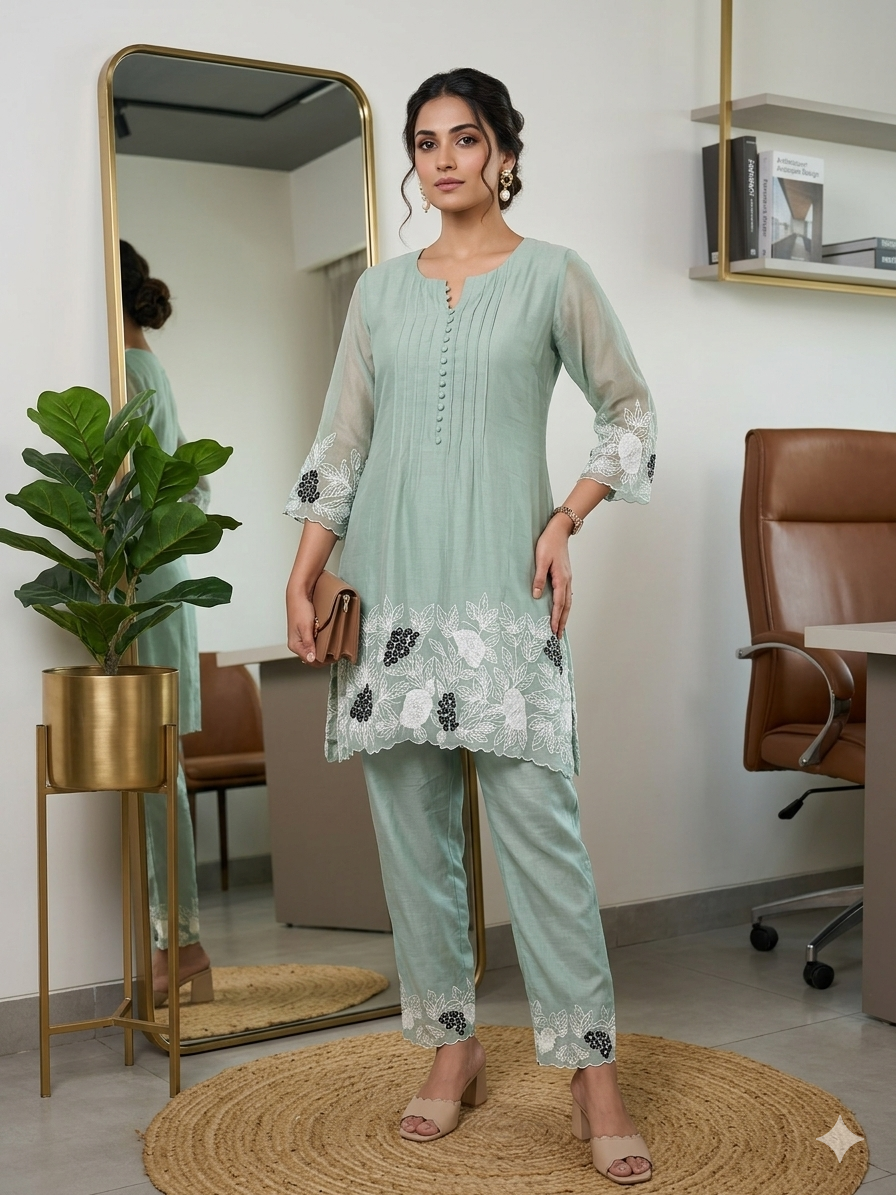 Mul Chanderi Coord Set with Aari & Appliqué Work