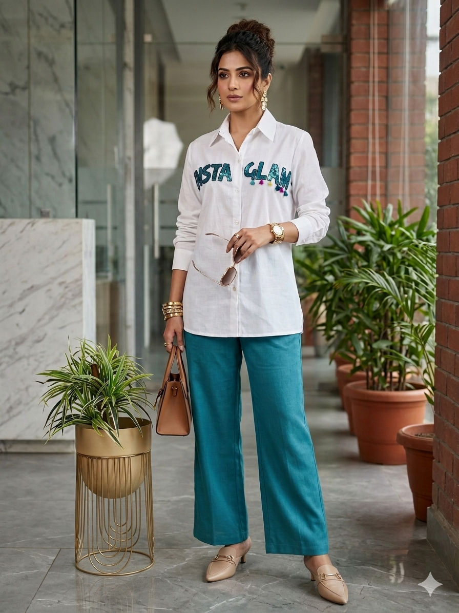 Cotton Slub Coords with Sequin Work Detailing on Shirt