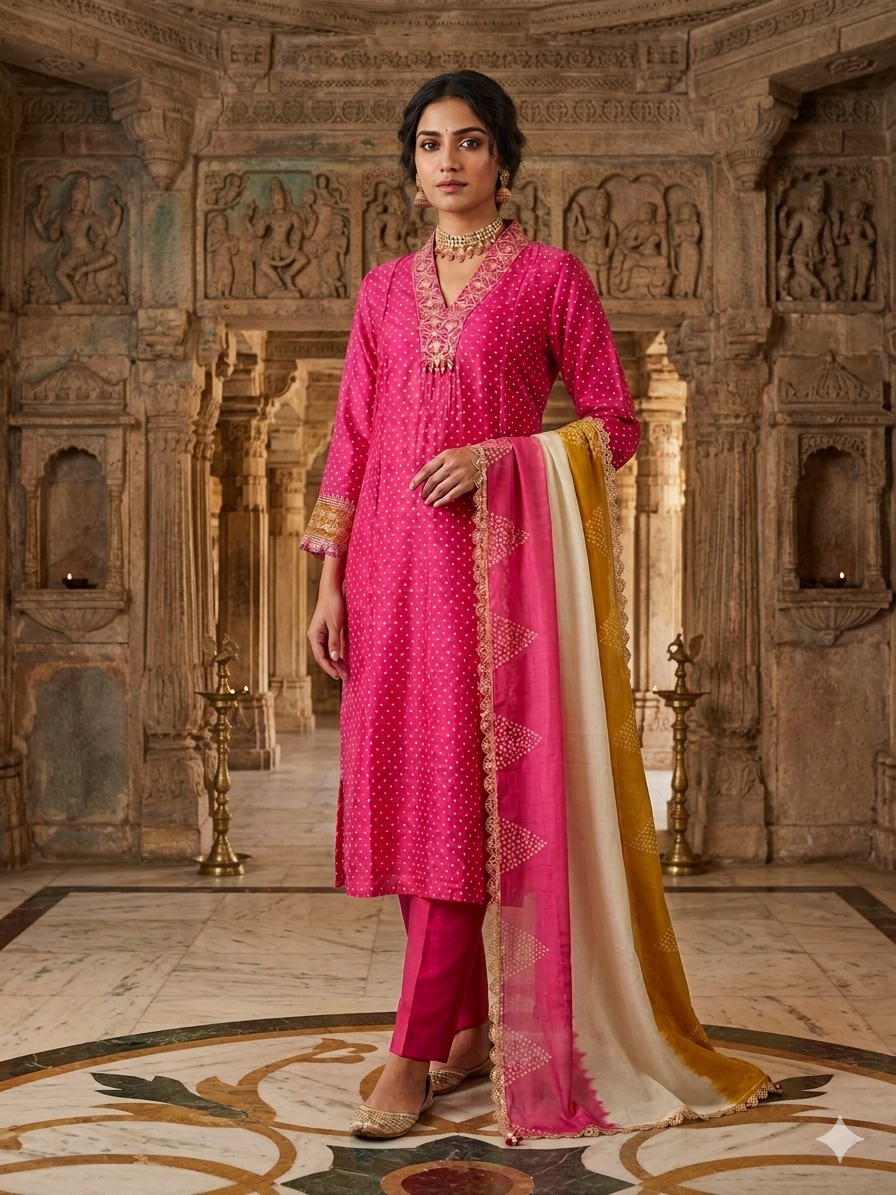 Bandhani Print Suit with Organza Dupatta - Pink