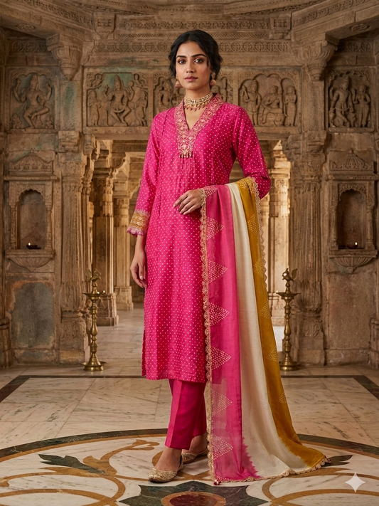 Bandhani Print Suit with Organza Dupatta - Pink