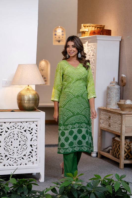 Bandhani Muslin Kurta Pant Set Green