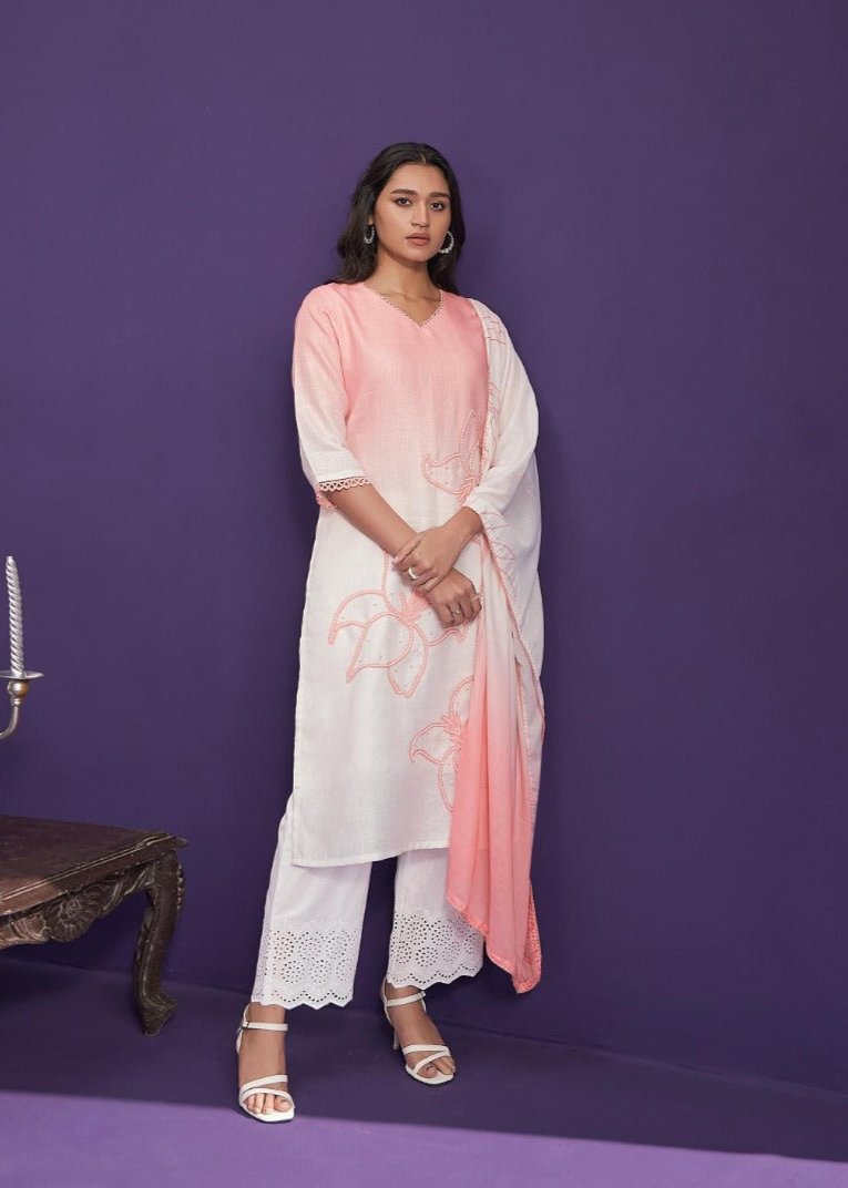 Linen Ombre Suit with Pearl Work Peach