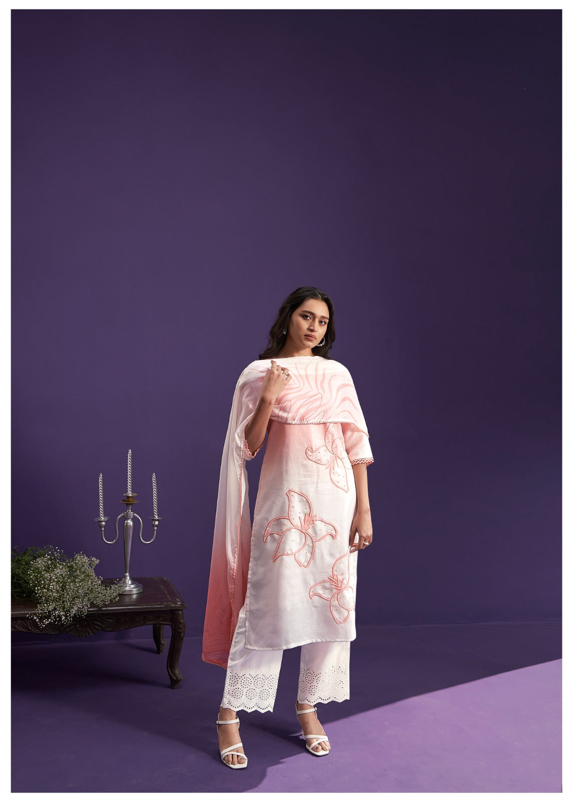 Linen Ombre Suit with Pearl Work Peach