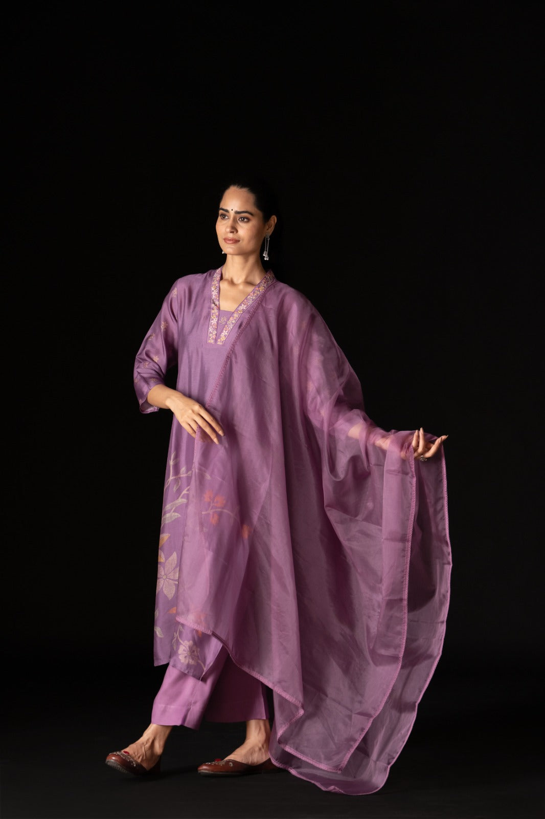 Printed Suit Set with Organza Dupatta - Lavender