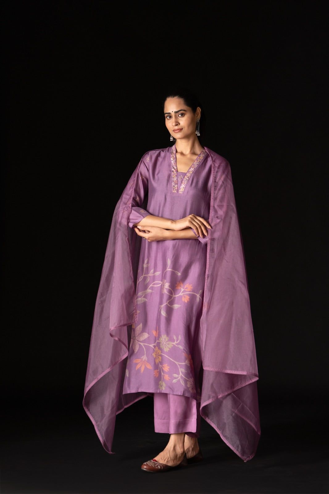 Printed Suit Set with Organza Dupatta - Lavender