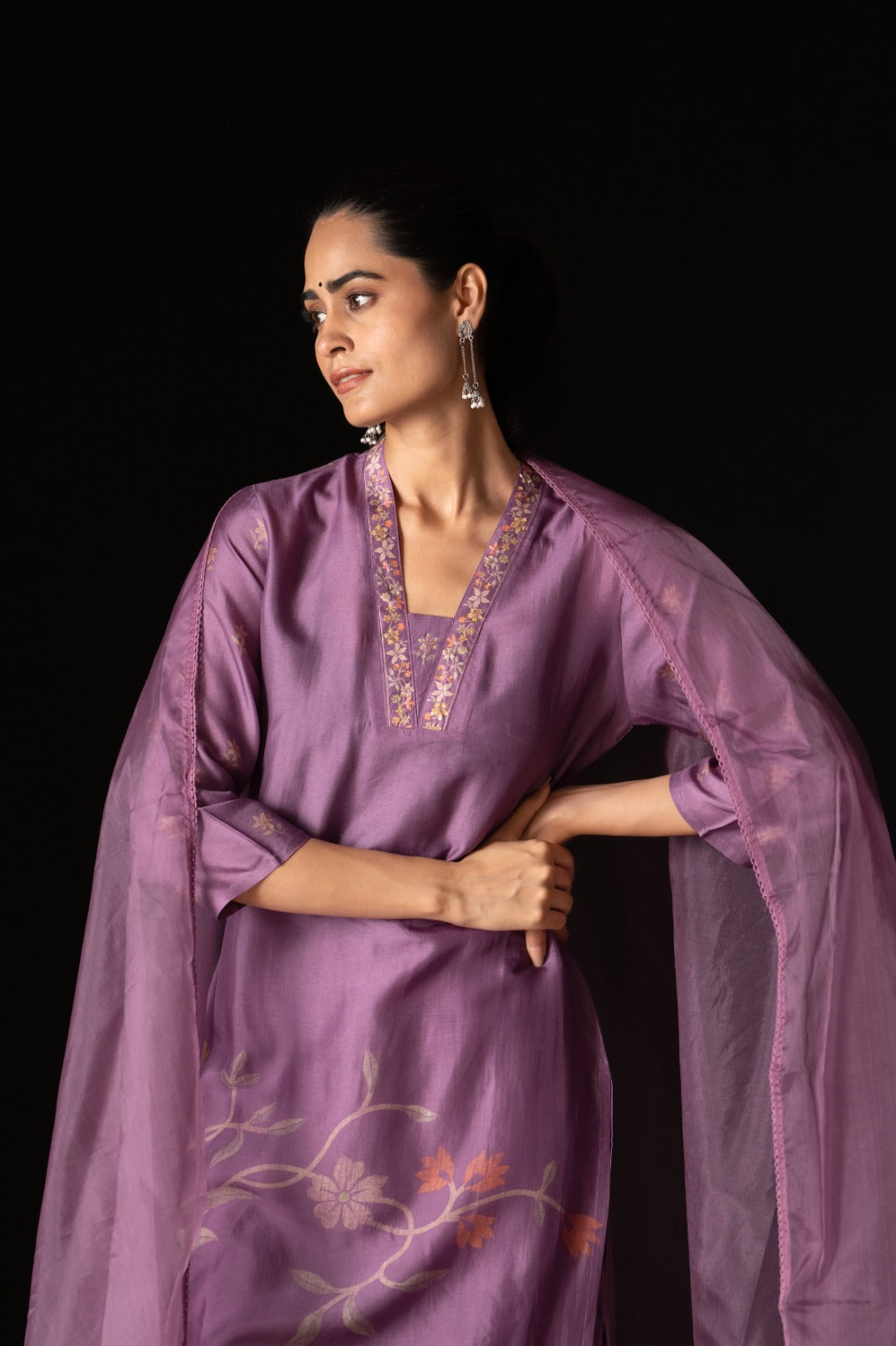 Printed Suit Set with Organza Dupatta - Lavender