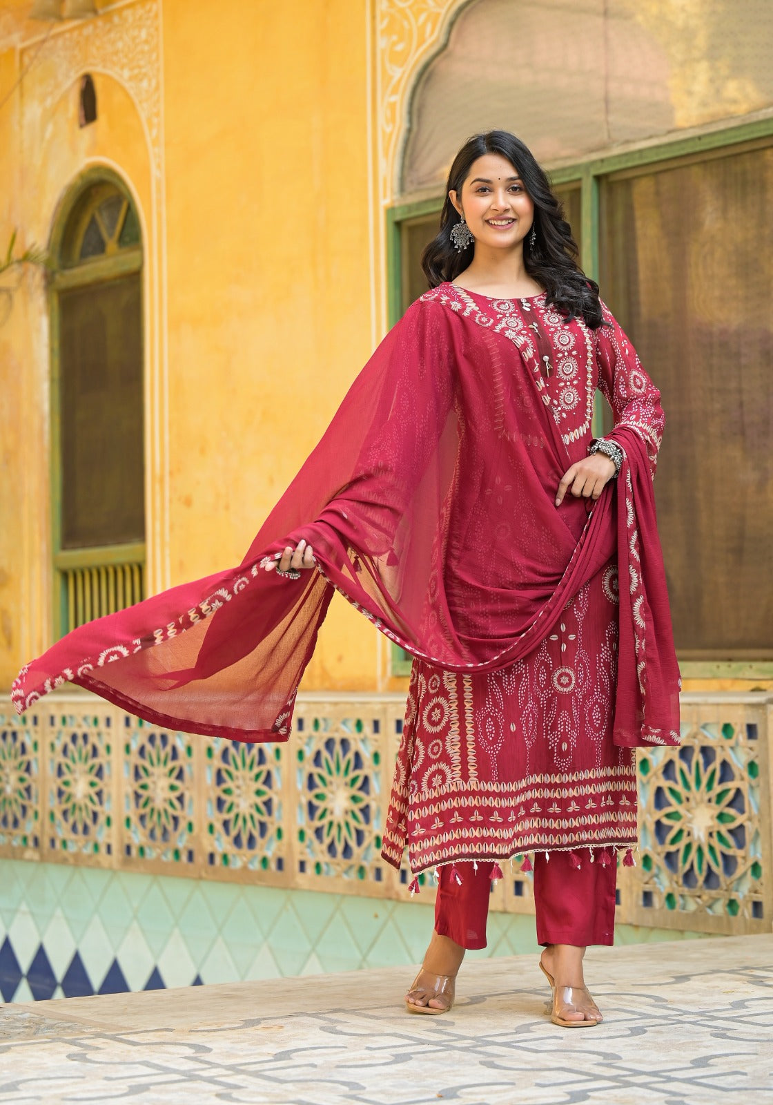 Shell Printed Premium Georgette Suit Set- Red