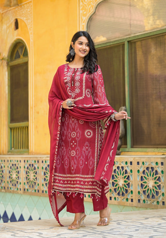 Shell Printed Premium Georgette Suit Set- Red