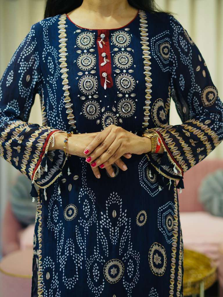 Shell Printed Premium Georgette Suit Set- Blue