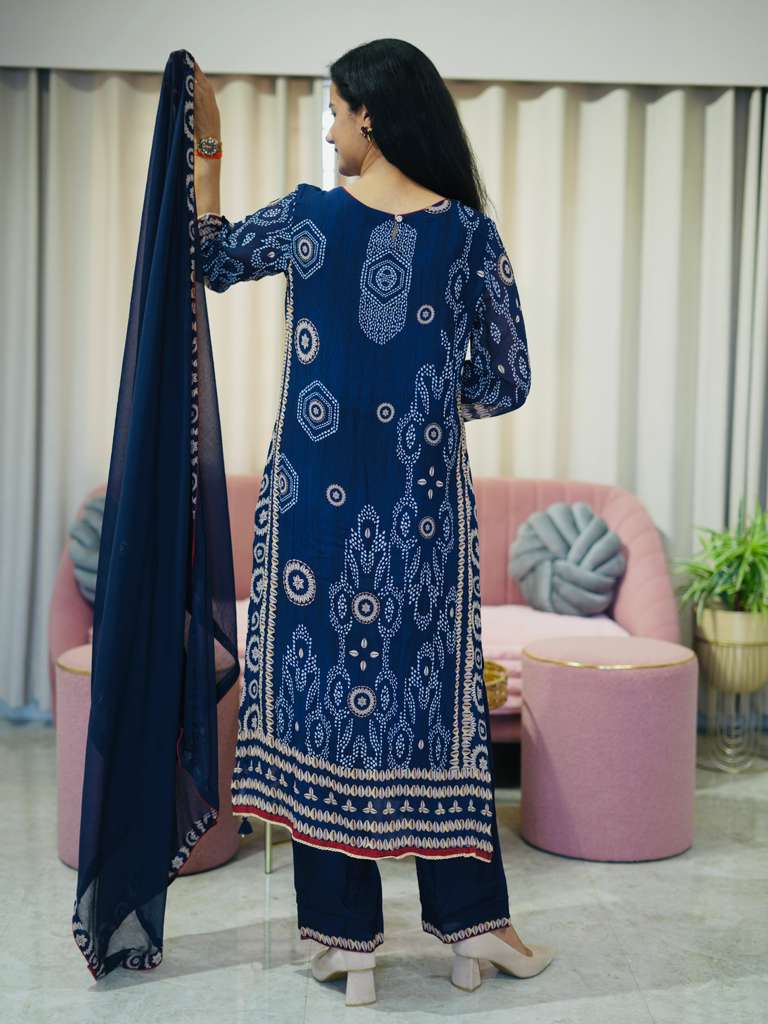 Shell Printed Premium Georgette Suit Set- Blue