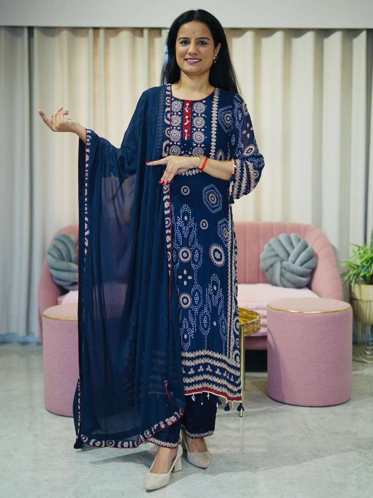 Shell Printed Premium Georgette Suit Set- Blue