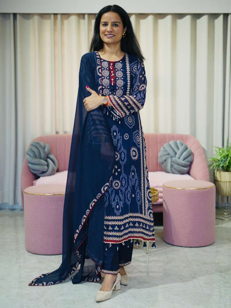 Shell Printed Premium Georgette Suit Set- Blue
