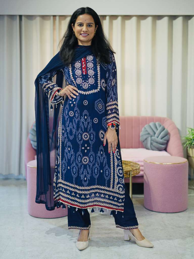 Shell Printed Premium Georgette Suit Set- Blue