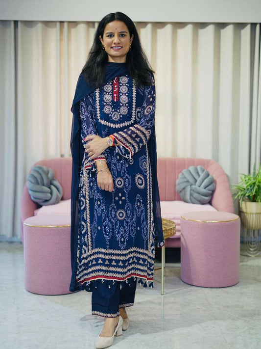 Shell Printed Premium Georgette Suit Set- Blue