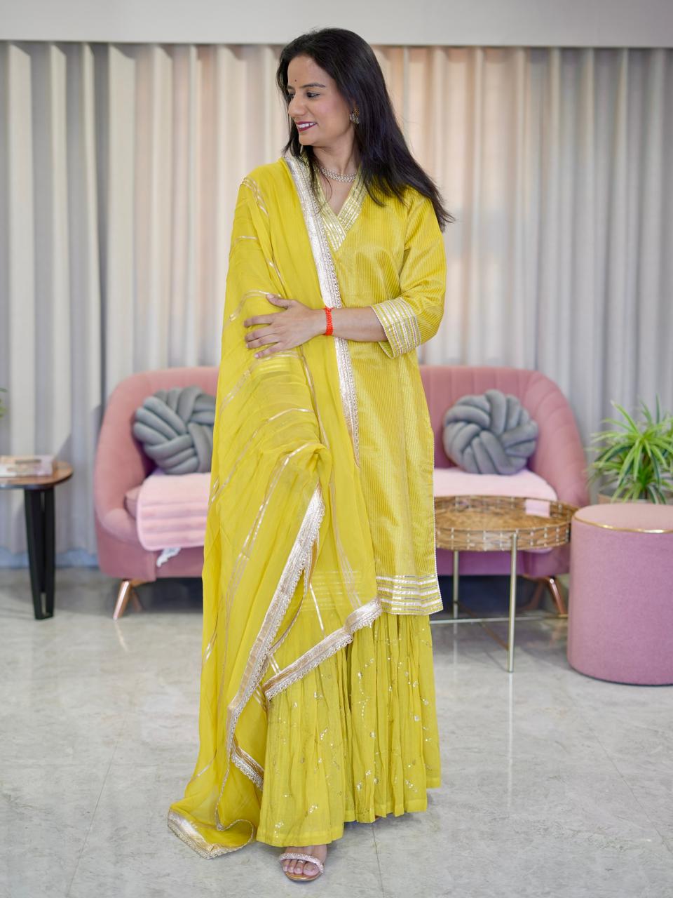 Tissue and Mul Cotton Sharara Set with organza Dupatta