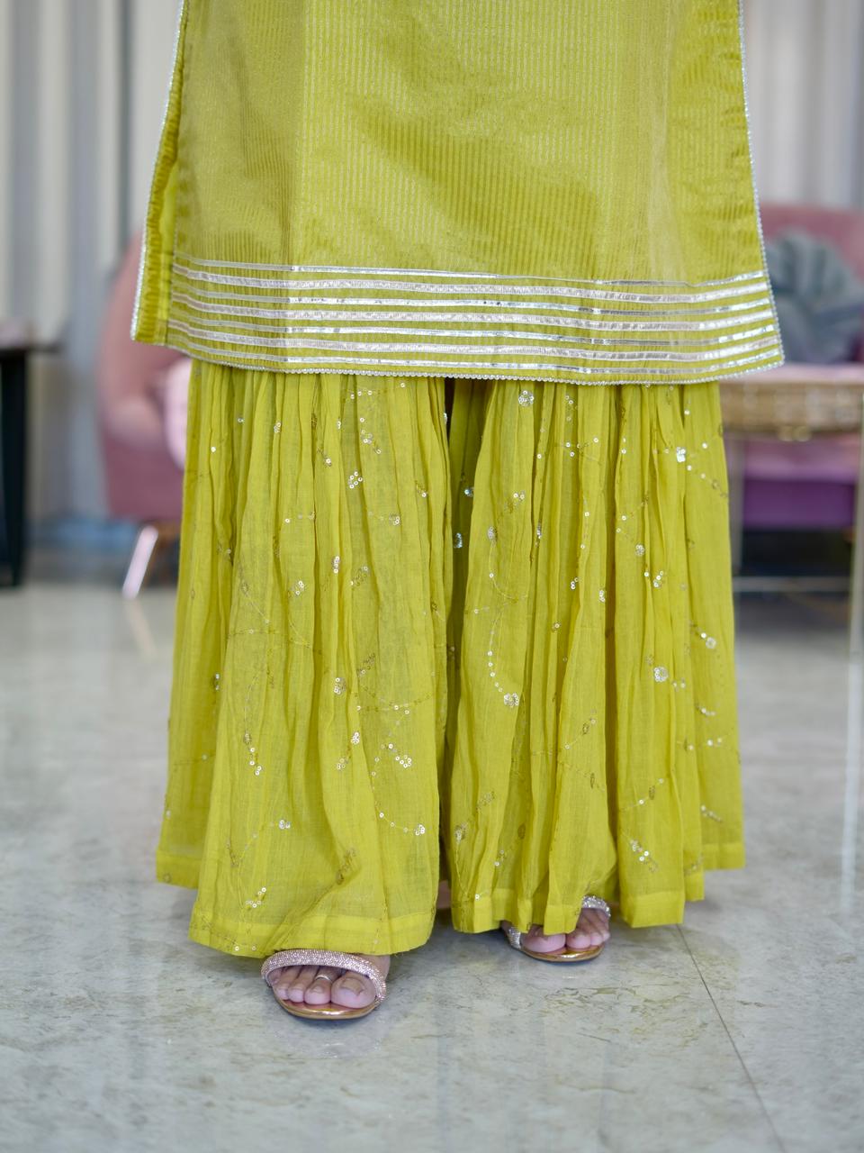 Tissue and Mul Cotton Sharara Set with organza Dupatta