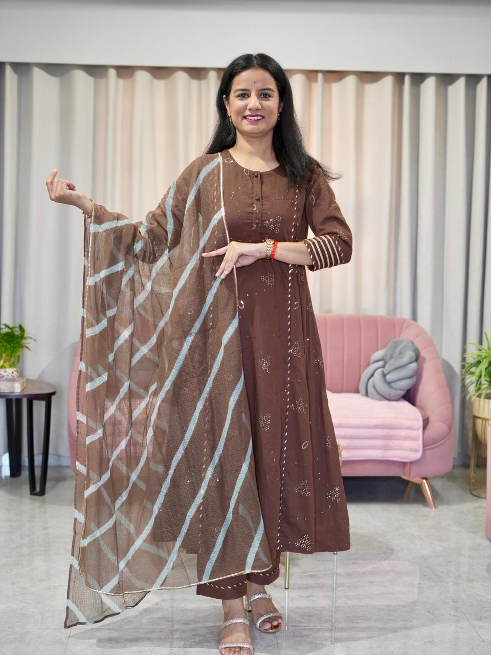 Mul Cotton A line suit with Sequin Detail and Lehriya Dupatta