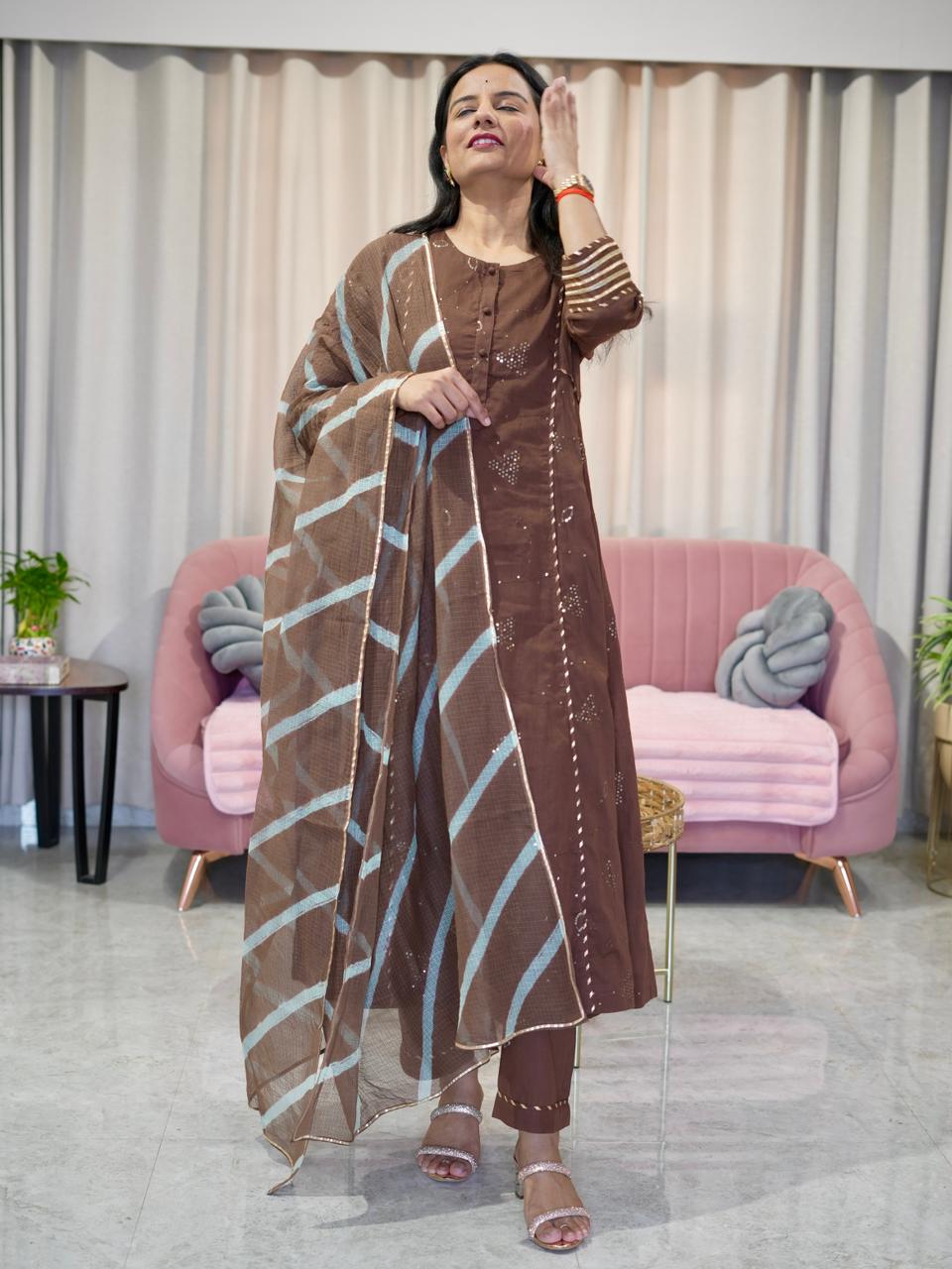 Mul Cotton A line suit with Sequin Detail and Lehriya Dupatta