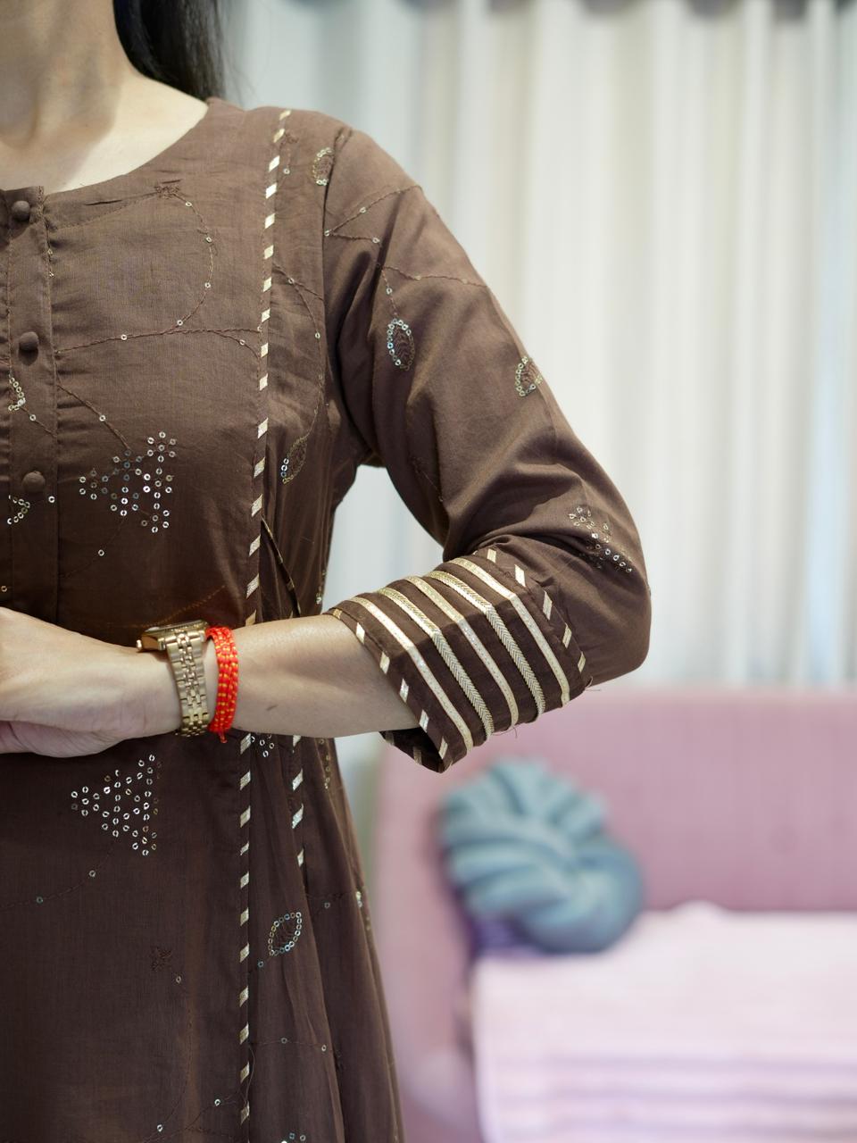 Mul Cotton A line suit with Sequin Detail and Lehriya Dupatta