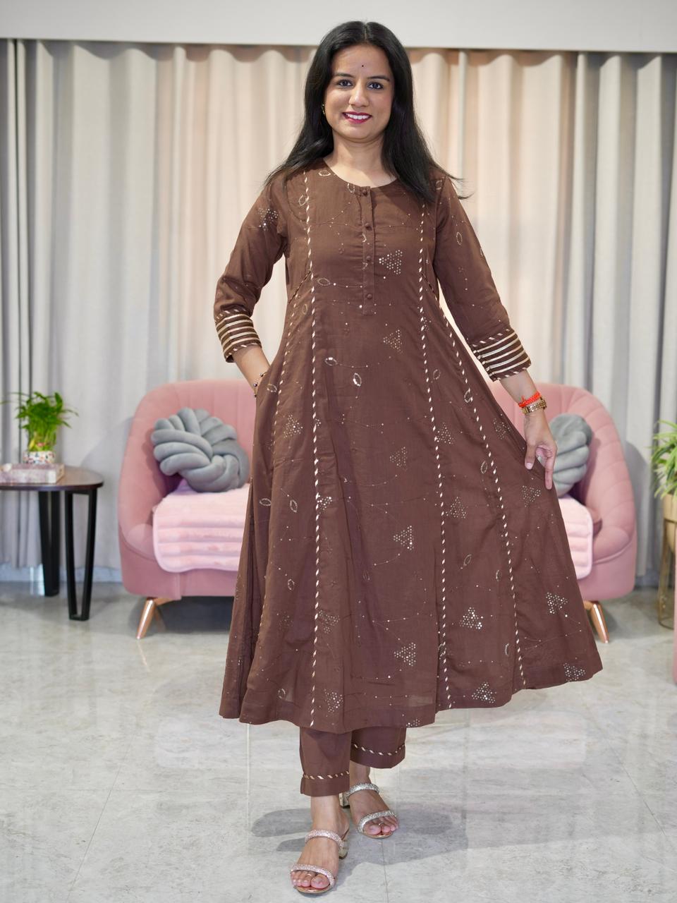 Mul Cotton A line suit with Sequin Detail and Lehriya Dupatta