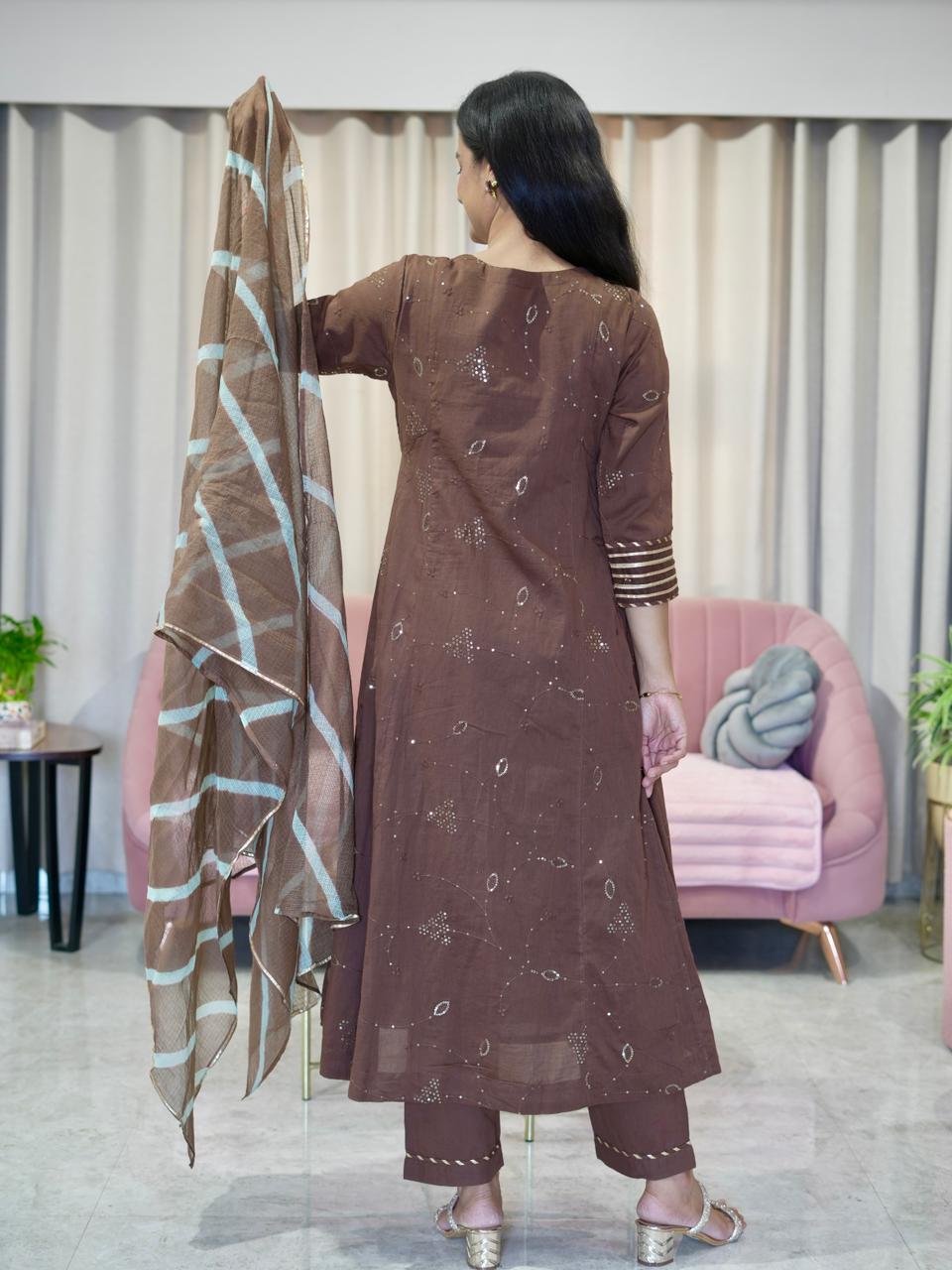 Mul Cotton A line suit with Sequin Detail and Lehriya Dupatta