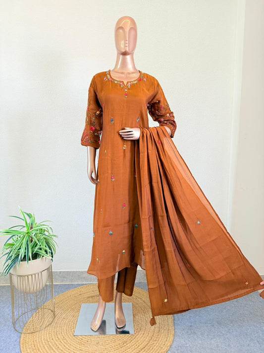 Hand Thread Embroidered Russian Silk A Line Suit Set