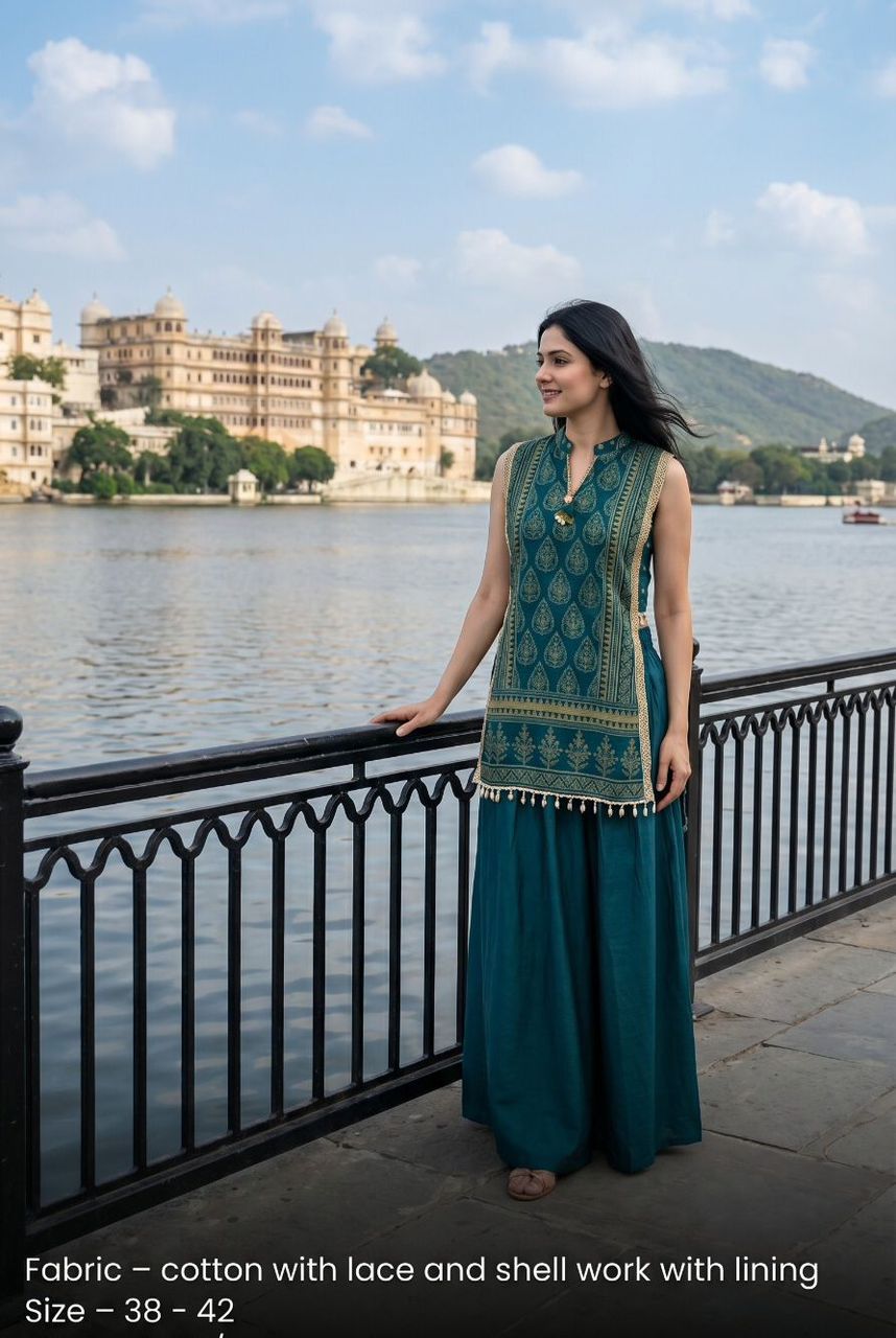 Teal Green Printed Sleeveless Kurta and Palazzo Set