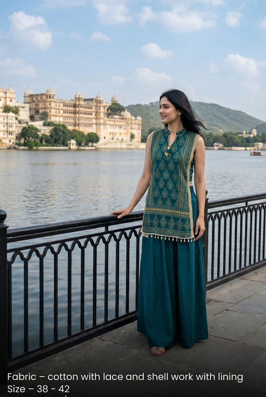 Teal Green Printed Sleeveless Kurta and Palazzo Set