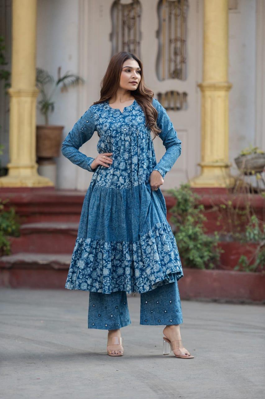 OG Indigo dyed Tiered Pattern Kurta Palazzo with Real Mirror Work