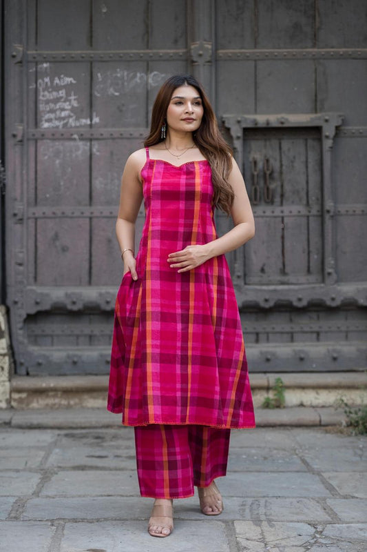 Madras Checks Spaghetti A Line Kurta with Palazzo