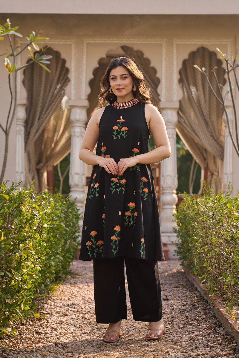 Black Cotton Tunic Top and Wide-Leg Palazzo Set