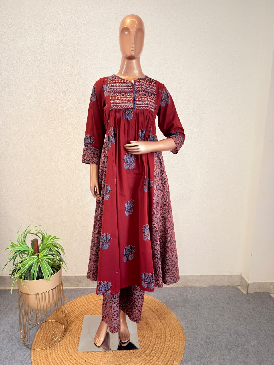 Ajrakh Print Frock Style Cotton Kurta Pant Set