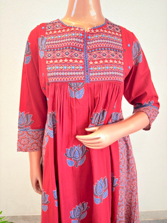 Ajrakh Print Frock Style Cotton Kurta Pant Set